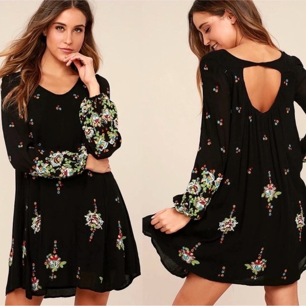 Free People Oxford Black Embroidered Swing Dress